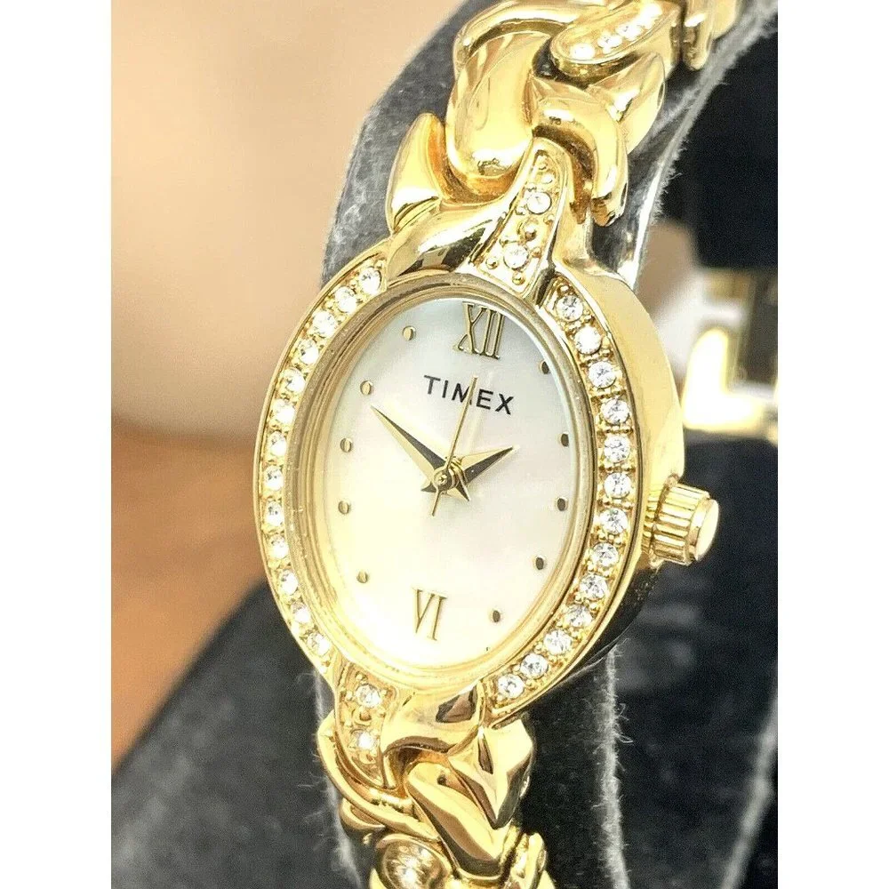 Timex Women's Watch TW2T49900 Oval Petite 19mm Quartz Mother of Pearl Gold Steel